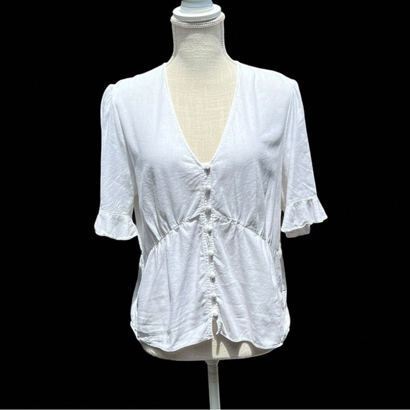 🌻Madewell White V-Neck Linen Blend Peplum Popover Top Size 10 - Picture 2 of 8